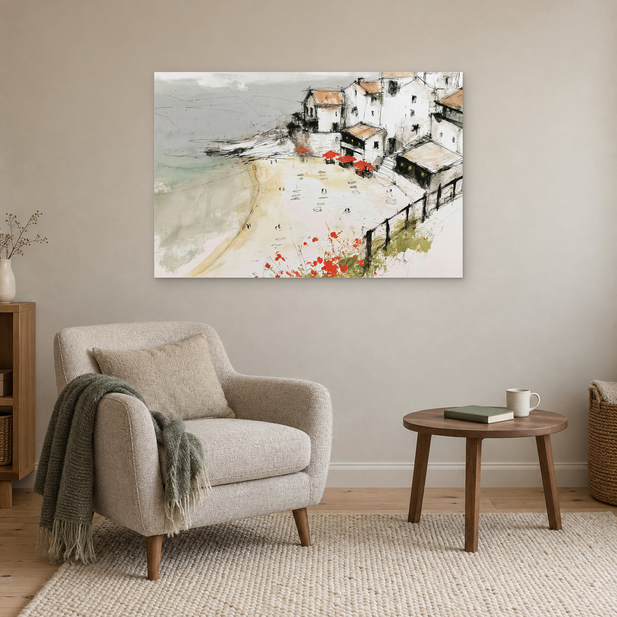 Clifftop Town Red Parasols canvas wall art above a cream armchair and round wooden side table