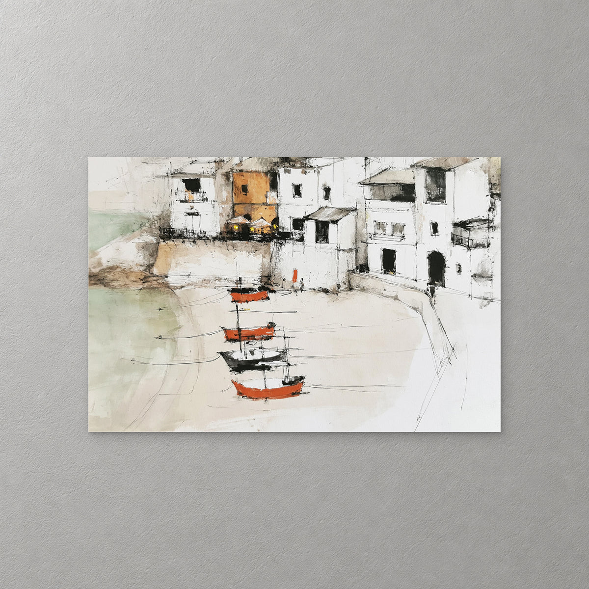 Red and black boats are moored in a pale curved bay below a row of white harbour houses, one ochre, drawn in fine black ink with soft green wash — canvas wall art print