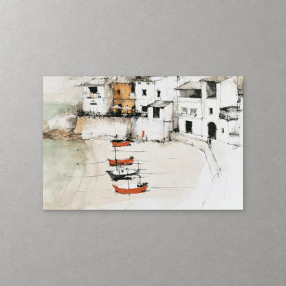 Red and black boats are moored in a pale curved bay below a row of white harbour houses, one ochre, drawn in fine black ink with soft green wash — canvas wall art print