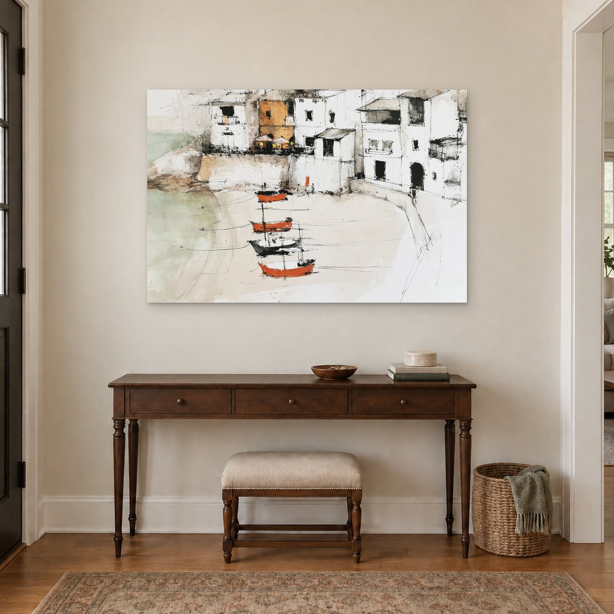 Harbour Houses Beach Boats canvas wall art above a dark wood console table and upholstered bench in an entryway