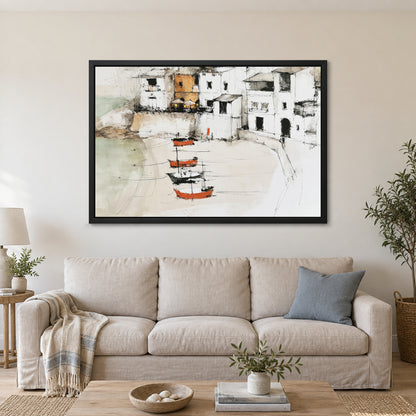 Harbour Houses Beach Boats framed canvas in a black floating frame above a linen sofa with a blue cushion
