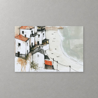 White houses with red roofs stack down a headland above a wide pale beach, a few small figures on the sand and a sage green sea — canvas wall art print