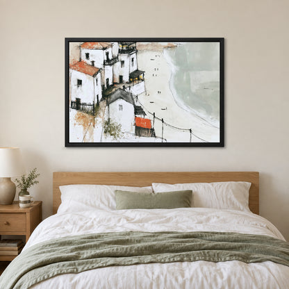 Whitewashed Headland Beach framed canvas in a black floating frame above a bed with white linens and a sage throw