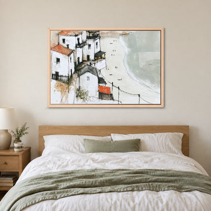 Whitewashed Headland Beach framed canvas in a natural wood floating frame above a bed with white linens and a sage throw