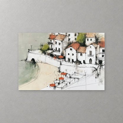 White harbour houses with red and terracotta roofs sit above a curved sandy beach and a pale green sea, with red parasols on a terrace below, drawn in loose black ink — canvas wall art print