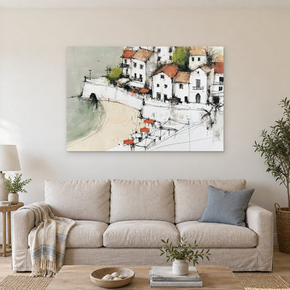 Whitewashed Coastal Town Bay canvas wall art above a linen sofa with a blue cushion in a bright living room