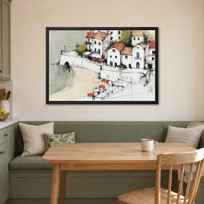 Whitewashed Coastal Town Bay framed canvas in a black floating frame above a green banquette and wooden table in a breakfast nook