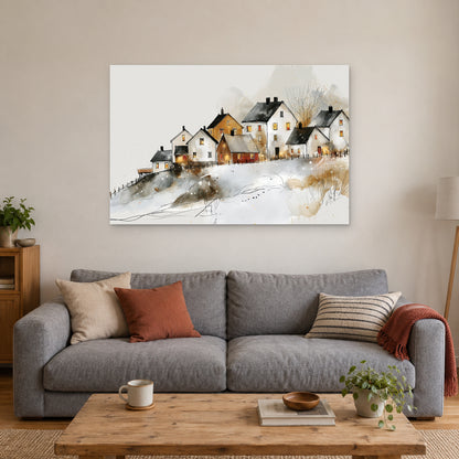 Reine Norway Winter Harbour canvas wall art above a grey sofa with rust and striped cushions