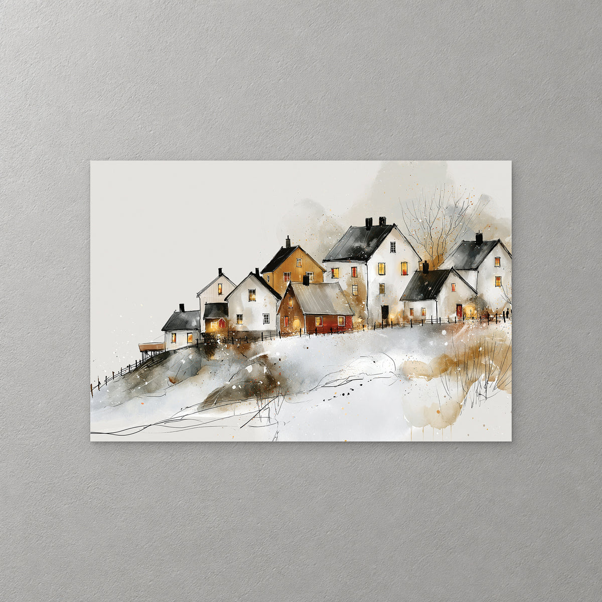 White, ochre and red houses with dark roofs and glowing windows line a snowy ridge above a small fence, drawn in ink with soft grey and gold washes — canvas wall art print