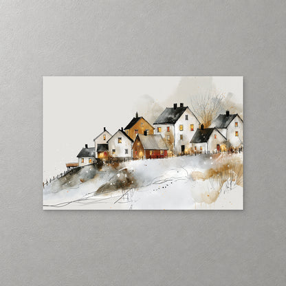 White, ochre and red houses with dark roofs and glowing windows line a snowy ridge above a small fence, drawn in ink with soft grey and gold washes — canvas wall art print