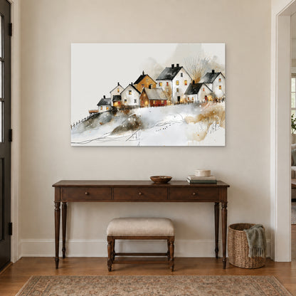 Reine Norway Winter Harbour canvas wall art above a dark wood console table and upholstered bench in an entryway