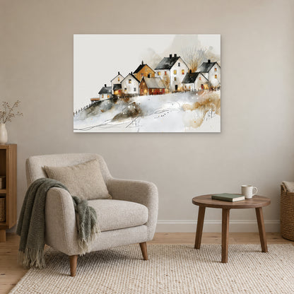 Reine Norway Winter Harbour canvas wall art above a cream armchair and round wooden side table