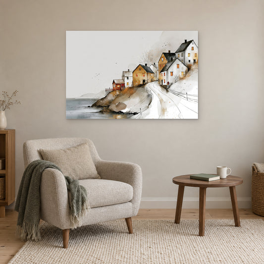 Reine Norway Harbour Slope canvas wall art above a cream armchair and round wooden side table