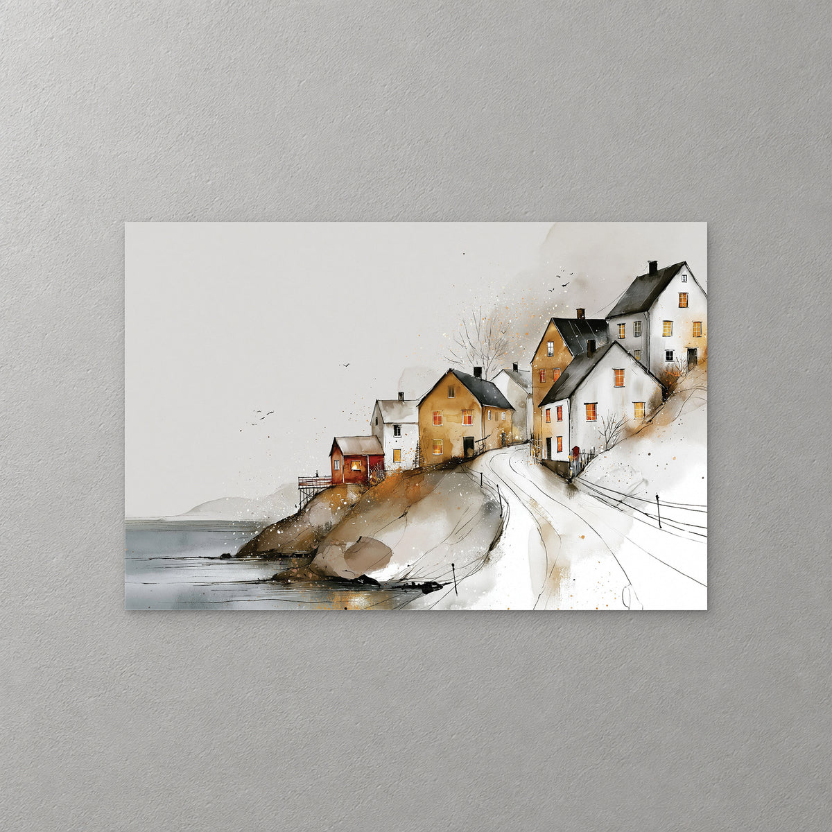 White and ochre houses with lit windows climb a snowy rocky slope above still grey water, a lane curving past them, in ink and soft watercolour — canvas wall art print