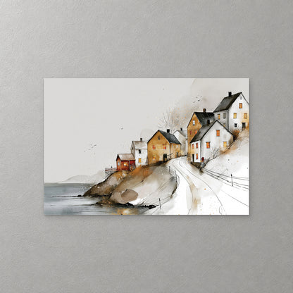 White and ochre houses with lit windows climb a snowy rocky slope above still grey water, a lane curving past them, in ink and soft watercolour — canvas wall art print