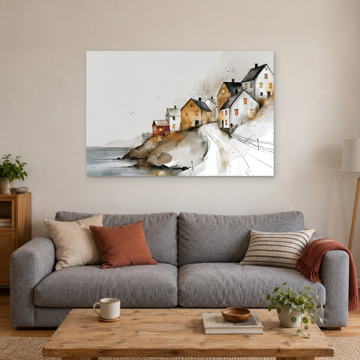 Reine Norway Harbour Slope canvas wall art above a grey sofa with rust and striped cushions