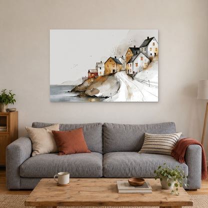 Reine Norway Harbour Slope canvas wall art above a grey sofa with rust and striped cushions