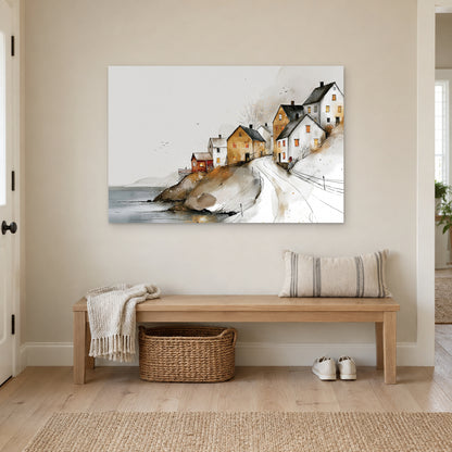 Reine Norway Harbour Slope canvas wall art above a wooden entryway bench with a woven basket