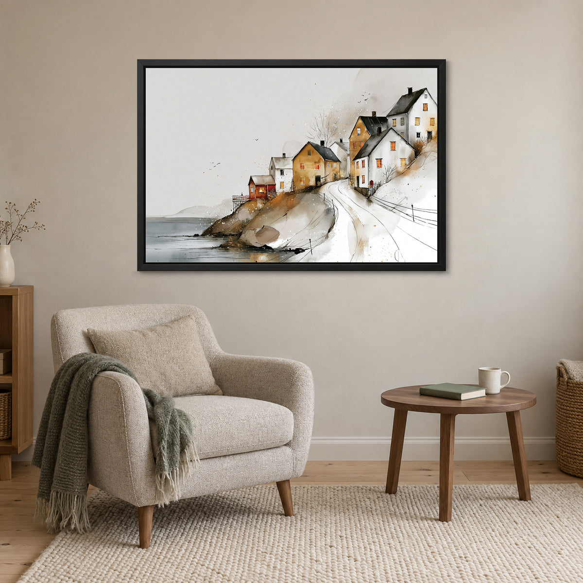Reine Norway Harbour Slope framed canvas in a black floating frame above a cream armchair and round wooden side table