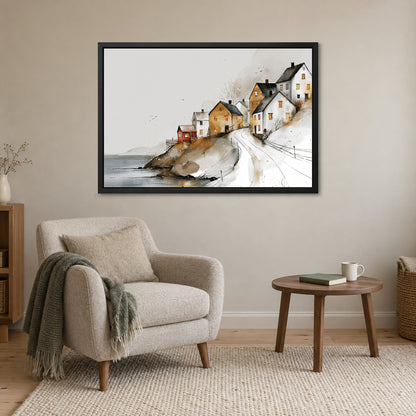 Reine Norway Harbour Slope framed canvas in a black floating frame above a cream armchair and round wooden side table