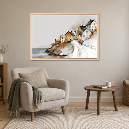 Reine Norway Harbour Slope framed canvas in a natural wood floating frame above a cream armchair and round wooden side table