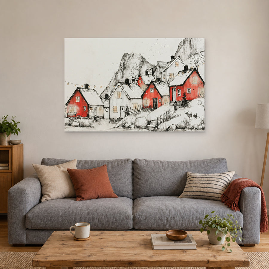 Norwegian Red Cabins Snow canvas wall art above a grey sofa with rust and striped cushions