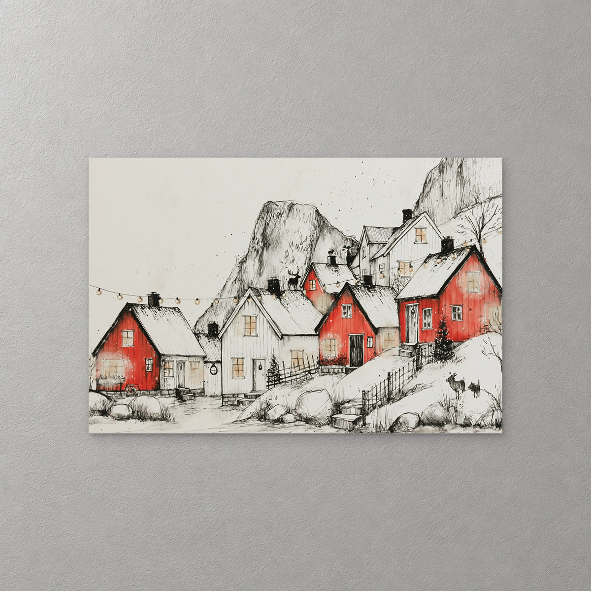 Red and white wooden cabins sit in deep snow below a steep grey mountain, with string lights, two reindeer and a small fir tree, drawn in fine black ink — canvas wall art print