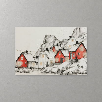 Red and white wooden cabins sit in deep snow below a steep grey mountain, with string lights, two reindeer and a small fir tree, drawn in fine black ink — canvas wall art print
