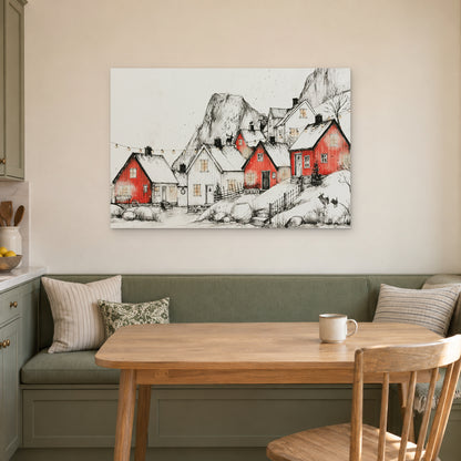 Norwegian Red Cabins Snow canvas wall art above a green banquette and wooden table in a breakfast nook