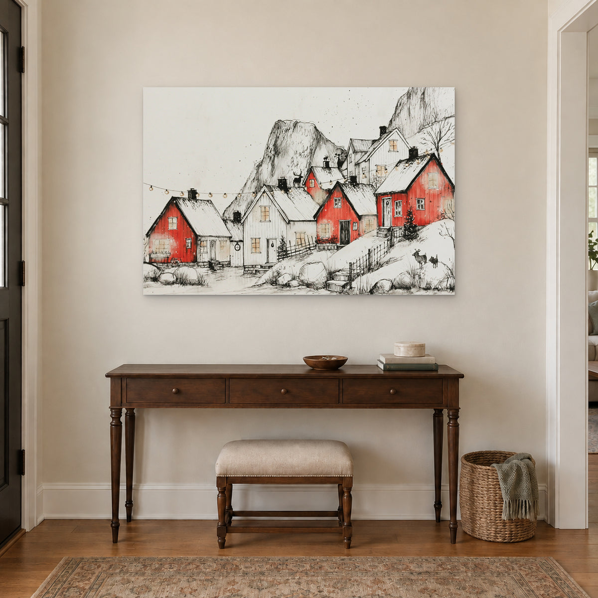 Norwegian Red Cabins Snow canvas wall art above a dark wood console table and upholstered bench in an entryway