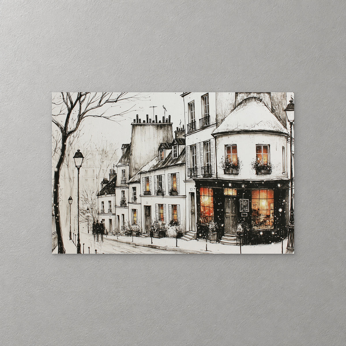 A Paris corner shop glows orange in the snow below white townhouses, with a bare tree, a street lamp and a couple walking, in black ink with warm lit windows — canvas wall art print
