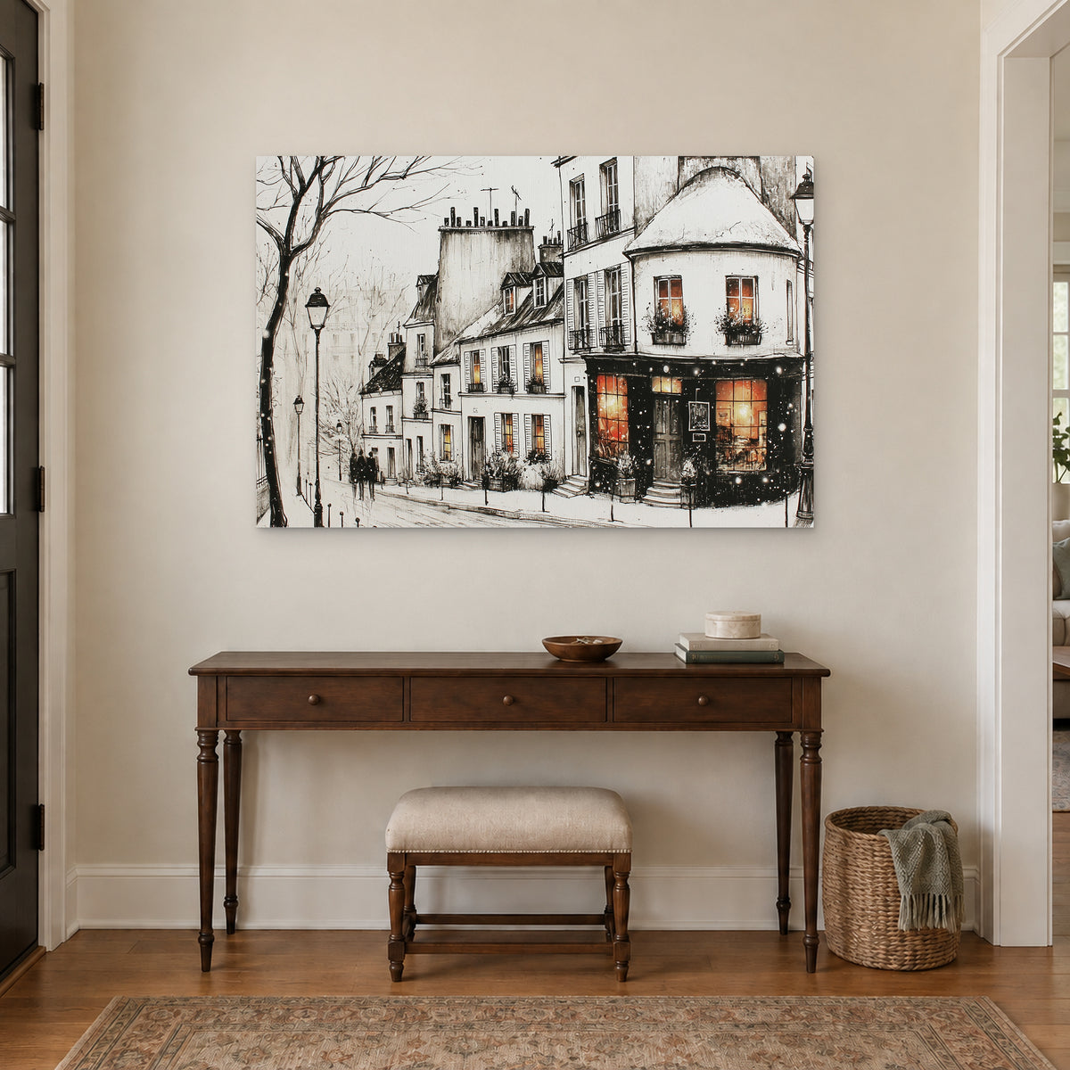Paris Corner Shop Snow canvas wall art above a dark wood console table and upholstered bench in an entryway