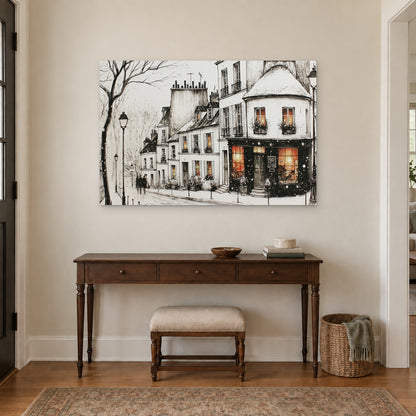 Paris Corner Shop Snow canvas wall art above a dark wood console table and upholstered bench in an entryway