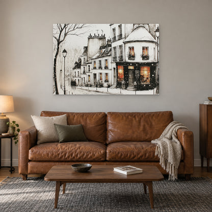 Paris Corner Shop Snow canvas wall art above a cognac leather sofa with a wooden coffee table