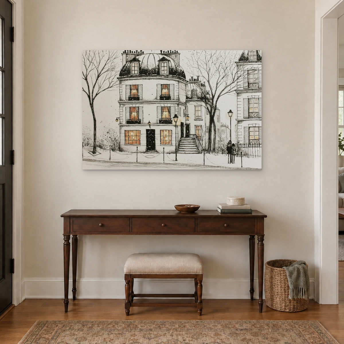 Paris Townhouse Snow canvas wall art above a dark wood console table and upholstered bench in an entryway