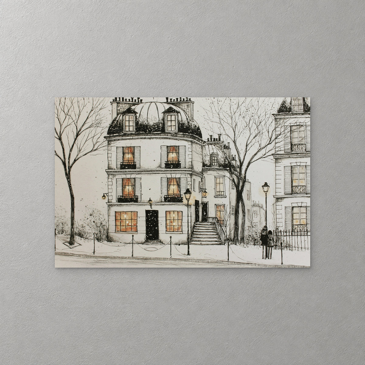 A white Paris townhouse with a domed roof and warm lit windows stands in the snow between bare trees, with a street lamp and a couple by the railings, drawn in black ink — canvas wall art print