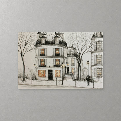 A white Paris townhouse with a domed roof and warm lit windows stands in the snow between bare trees, with a street lamp and a couple by the railings, drawn in black ink — canvas wall art print