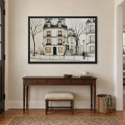 Paris Townhouse Snow framed canvas in a black floating frame above a dark wood console table and upholstered bench