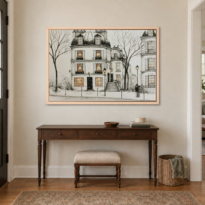 Paris Townhouse Snow framed canvas in a natural wood floating frame above a dark wood console table and upholstered bench