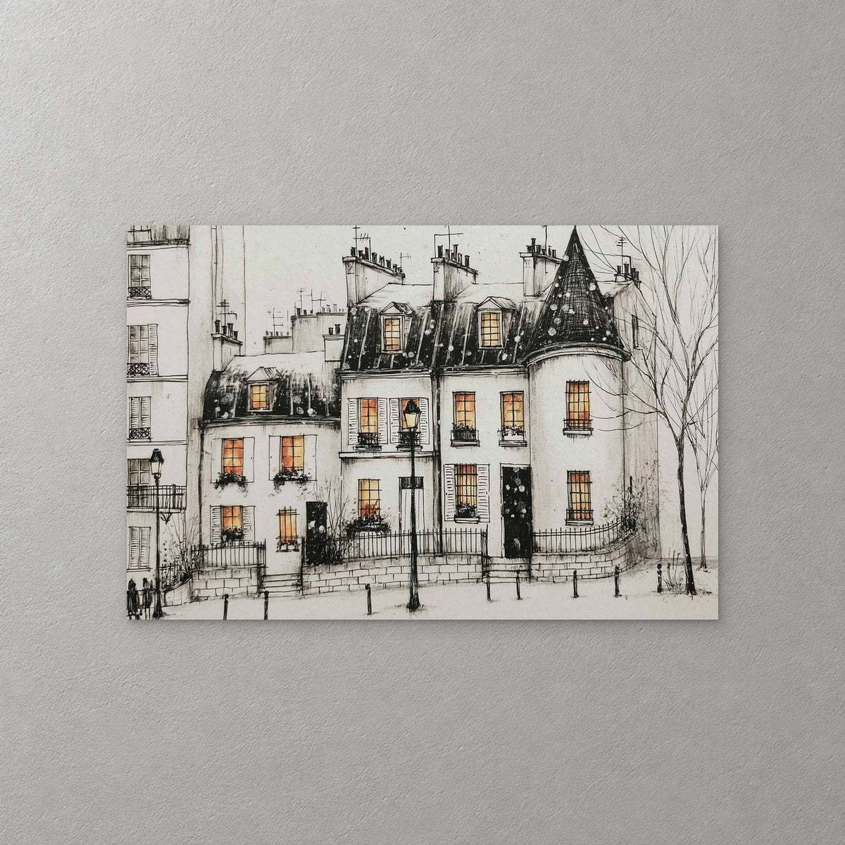 White Paris townhouses with a pointed turret and warm lit windows rise behind iron railings and lamps in the snow, drawn in black ink — canvas wall art print