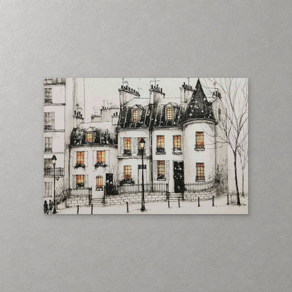 White Paris townhouses with a pointed turret and warm lit windows rise behind iron railings and lamps in the snow, drawn in black ink — canvas wall art print