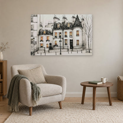 Paris Turret Rooftops Snow canvas wall art above a cream armchair and round wooden side table