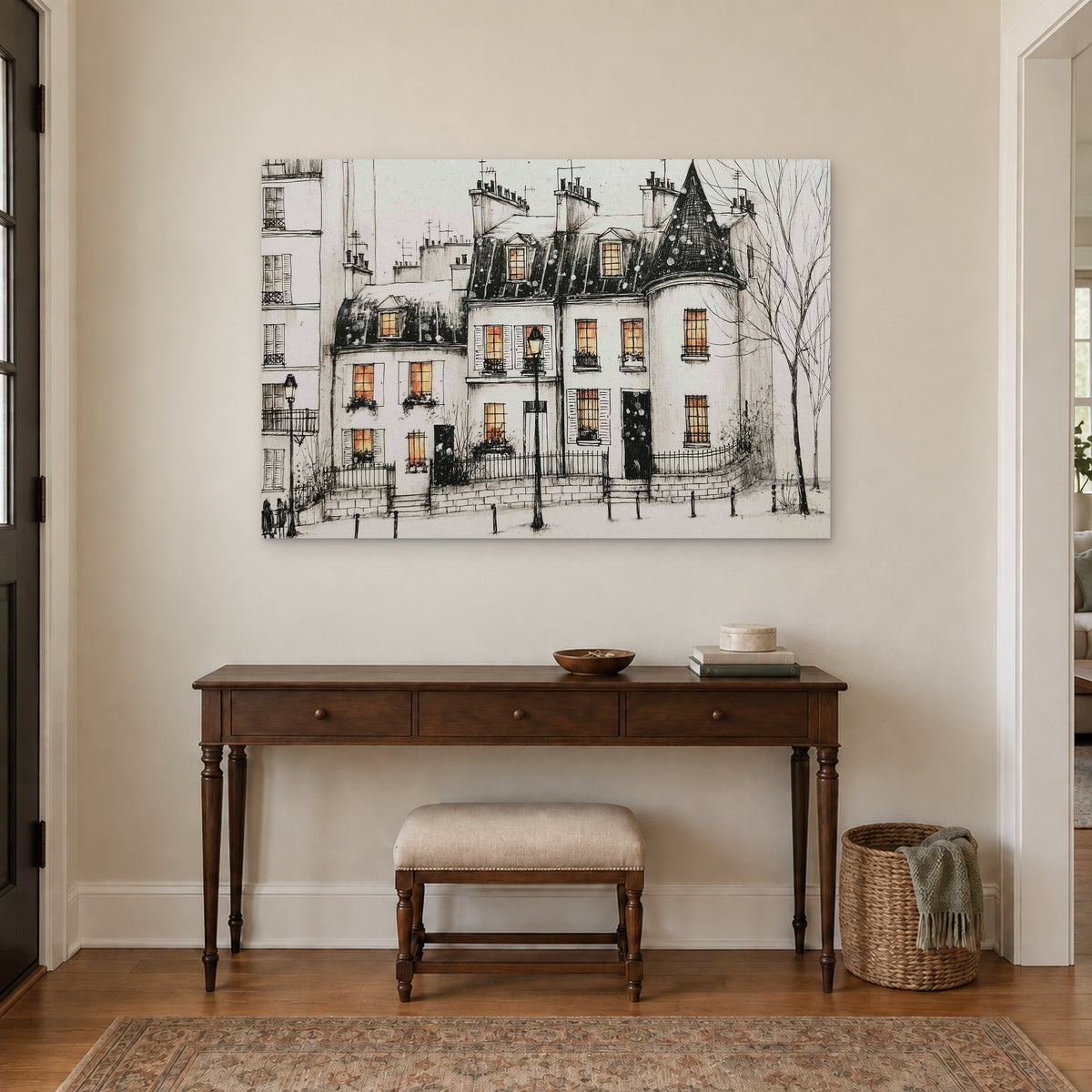 Paris Turret Rooftops Snow canvas wall art above a dark wood console table and upholstered bench in an entryway