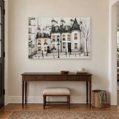 Paris Turret Rooftops Snow canvas wall art above a dark wood console table and upholstered bench in an entryway