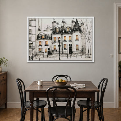 Paris Turret Rooftops Snow framed canvas in a white floating frame above a small wooden dining table with black bentwood chairs