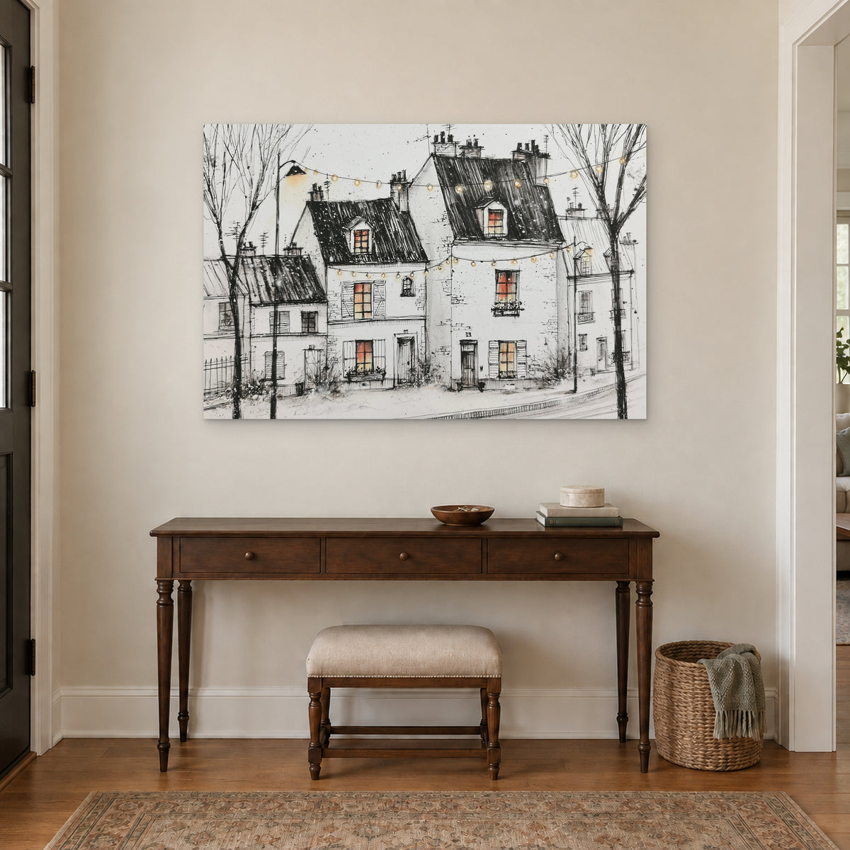 Paris Street Festoon Lights canvas wall art above a dark wood console table and upholstered bench in an entryway