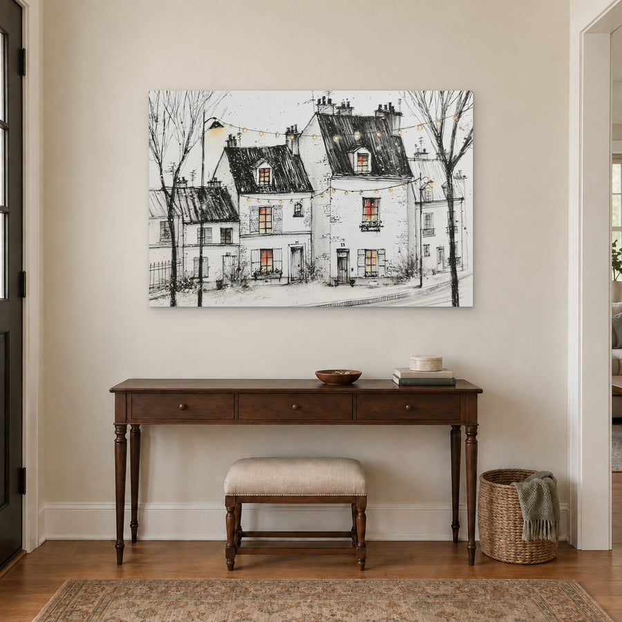 Paris Street Festoon Lights canvas wall art above a dark wood console table and upholstered bench in an entryway