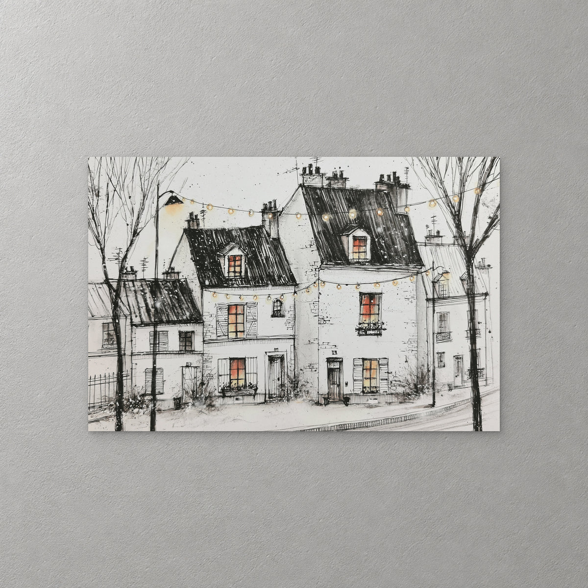 Tall Paris houses with dark roofs and lit windows stand on a snowy street strung with festoon lights between bare trees, drawn in black ink — canvas wall art print
