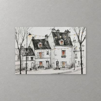 Tall Paris houses with dark roofs and lit windows stand on a snowy street strung with festoon lights between bare trees, drawn in black ink — canvas wall art print