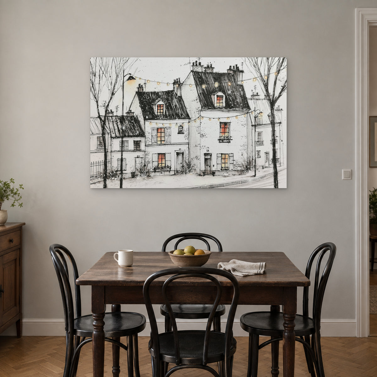 Paris Street Festoon Lights canvas wall art above a small wooden dining table with black bentwood chairs